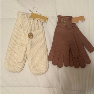 Michael Kors Cream Mittens and Tan Gloves Set